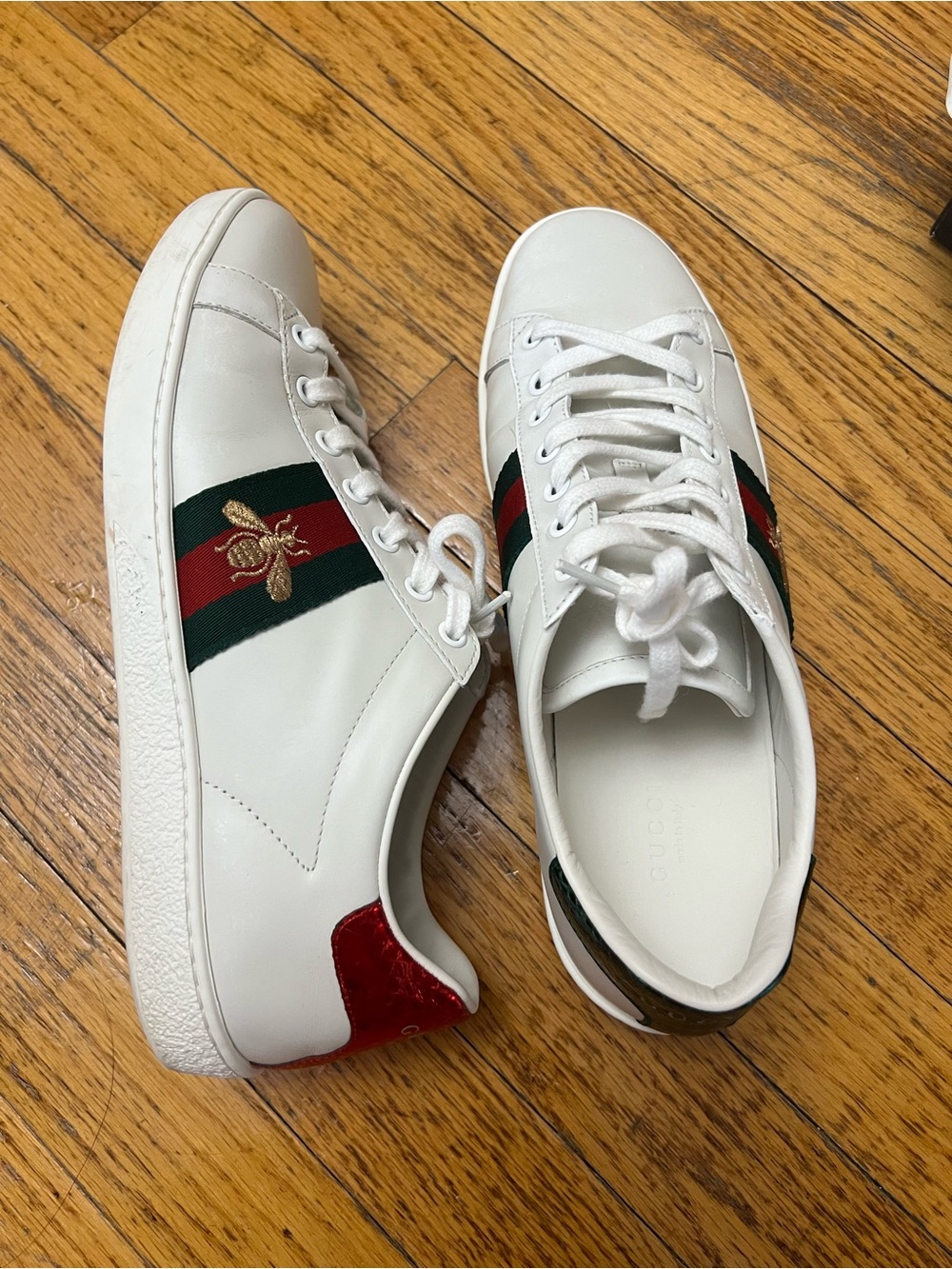 Gucci White Leather Sneakers with Red and Green Web Stripe - Picture 5 of 12